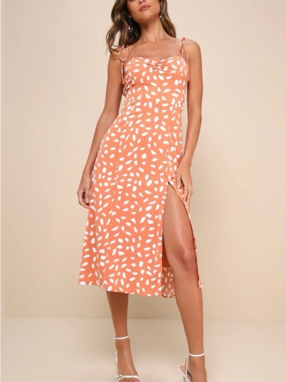 Tie-Strap Midi Dress in Coral White Print
